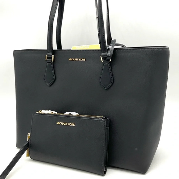 Michael Kors Bag Large Sheila Mf Tote Bag & Large Double Zip Wallet Black/Gold - Picture 2 of 15